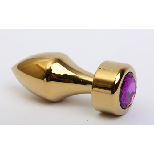 Золотистая анальная пробка с широким основанием и фиолетовым кристаллом - 7,8 см. (фиолетовый)