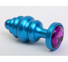 Синяя ребристая анальная пробка с фиолетовым кристаллом - 7,3 см. (фиолетовый)