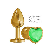 Золотистая анальная втулка с зеленым кристаллом-сердцем - 7 см. (зеленый)
