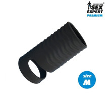 Черная открытая насадка на пенис с кольцом для мошонки size M - 7,9 см. (черный)