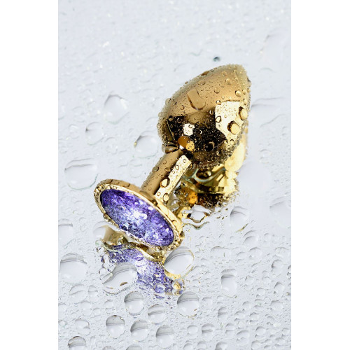 Золотистая коническая анальная пробка с фиолетовым кристаллом - 7 см. (фиолетовый)