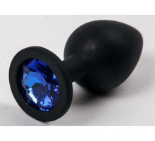 Черная силиконовая анальная пробка с синим кристаллом - 9,5 см. (синий)
