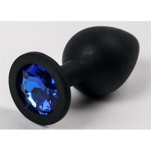 Черная силиконовая анальная пробка с синим кристаллом - 9,5 см. (синий)