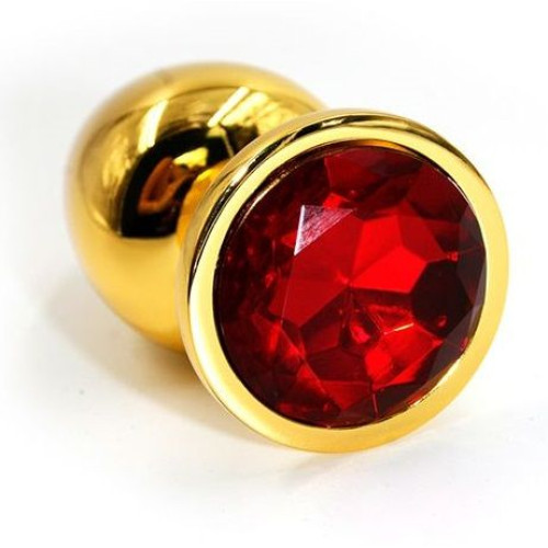 Золотистая алюминиевая анальная пробка с красным кристаллом - 6 см. (красный)