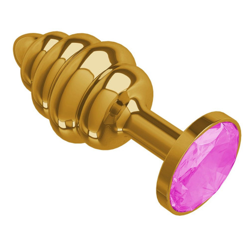 Золотистая пробка с рёбрышками и розовым кристаллом - 7 см. (розовый)