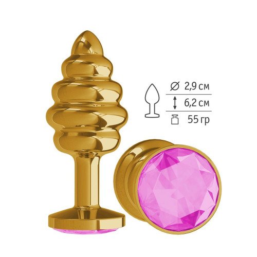 Золотистая пробка с рёбрышками и розовым кристаллом - 7 см. (розовый)