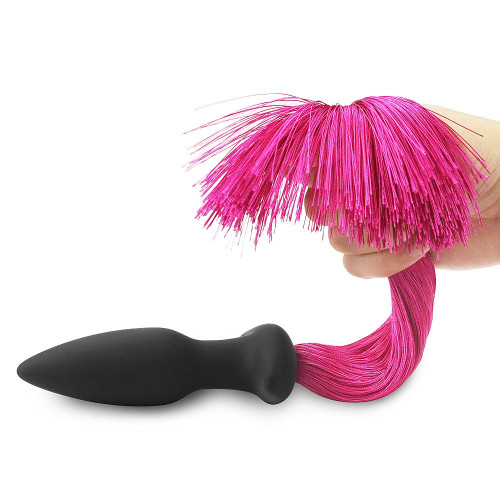 Черная анальная пробка с розовым хвостом Silicone Anal Plug with Pony Tail (черный с розовым)