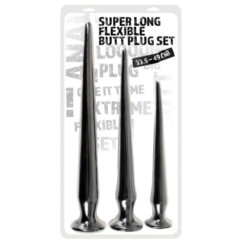 Набор из 3 длинных анальных пробок Super Long Flexible Butt Plug Set (черный)