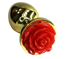 Золотистая анальная пробка с ограничителем в форме красной розы - 8 см. (золотистый)