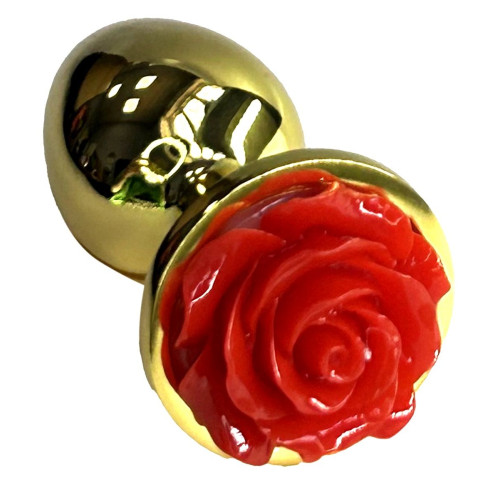 Золотистая анальная пробка с ограничителем в форме красной розы - 8 см. (золотистый)