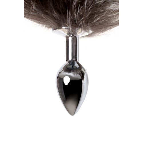 Серебристая металлическая анальная втулка с хвостом чернобурой лисы - размер S (серебристый)