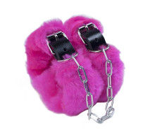 Кожаные наручники со съемной розовой опушкой (розовый с черным)