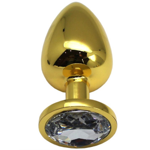 Золотистая анальная пробка с прозрачным кристаллом - 9 см. (прозрачный)