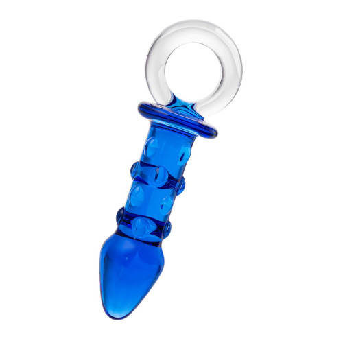 Синяя стеклянная анальная втулка с ручкой-кольцом - 16 см. (синий)