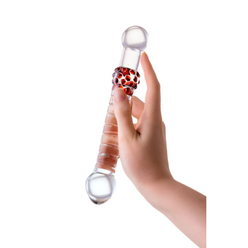 Стеклянный стимулятор с ручкой-шаром и цветными пупырышками - 22 см. (прозрачный)