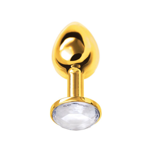 Золотистая маленькая анальная втулка с прозрачным кристаллом - 6 см. (прозрачный)