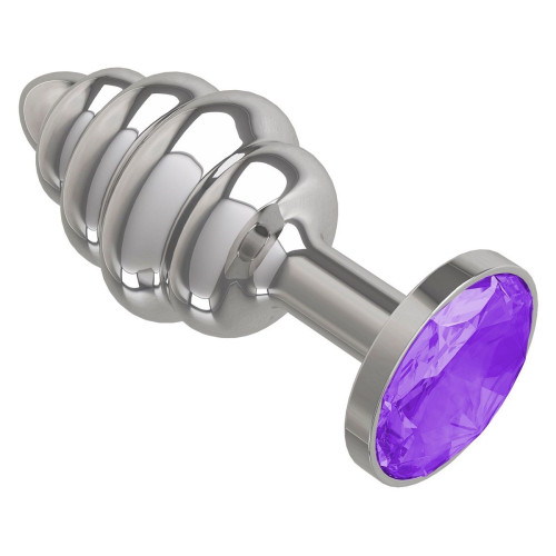 Серебристая пробка с рёбрышками и фиолетовым кристаллом - 7 см. (фиолетовый)