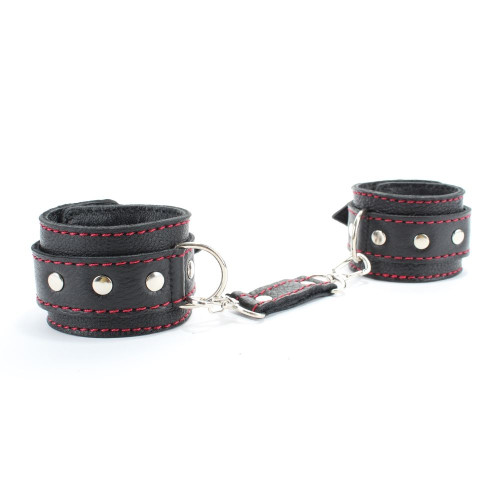 Черные наручники из натуральной кожи с красной строчкой (черный)