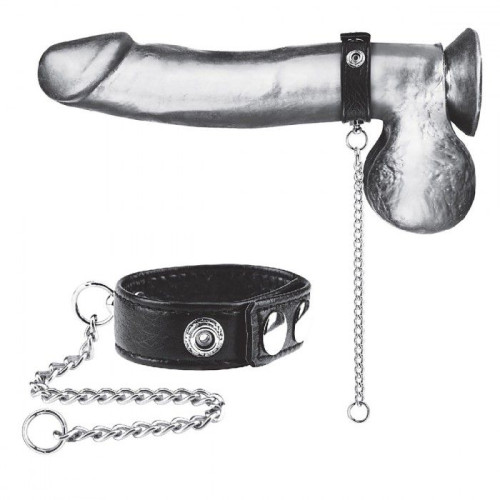 Утяжка на пенис с поводком Snap Cock Ring With 12  Leash (черный с серебристым)