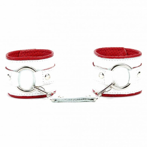 Бело-красные кожаные наручники с кольцом (белый с красным)