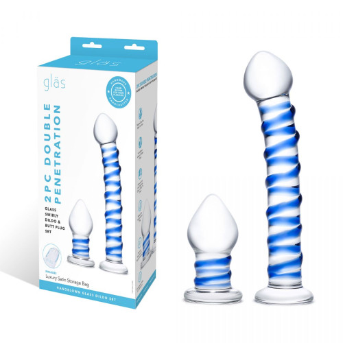 Набор из 2 стеклянных игрушек с синей спиралью Swirly Dildo & Buttplug Set (прозрачный)