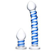 Набор из 2 стеклянных игрушек с синей спиралью Swirly Dildo & Buttplug Set (прозрачный)