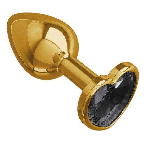 Золотистая анальная втулка с чёрным кристаллом-сердцем - 7 см. (черный)