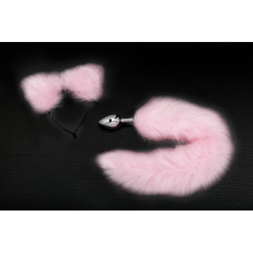 Серебристая анальная пробка с розовым хвостиком и ободком-ушками (розовый)