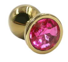 Золотистая алюминиевая анальная пробка с ярко-розовым кристаллом - 6 см. (розовый)