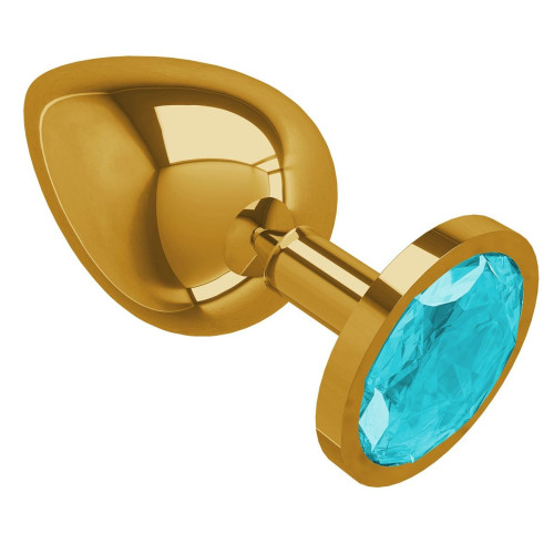 Золотистая большая анальная пробка с голубым кристаллом - 9,5 см. (голубой)