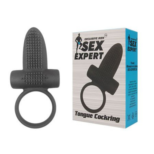 Чёрное эрекционное кольцо с вибрацией и язычком Sex Expert (черный)