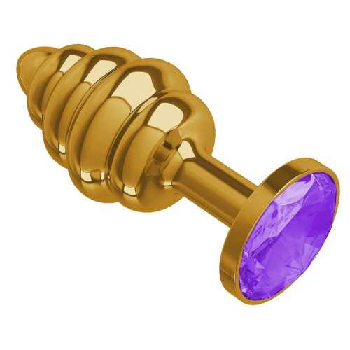 Золотистая пробка с рёбрышками и фиолетовым кристаллом - 7 см. (фиолетовый)