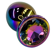 Анальная пробка цвета неохром с радужным кристаллом - 10 см. (разноцветный)