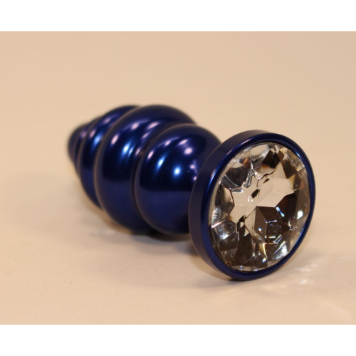 Синяя рифлёная пробка с прозрачным кристаллом - 7,3 см. (прозрачный)