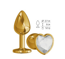 Золотистая анальная втулка с прозрачным кристаллом-сердцем - 7 см. (прозрачный)