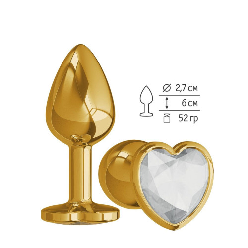 Золотистая анальная втулка с прозрачным кристаллом-сердцем - 7 см. (прозрачный)