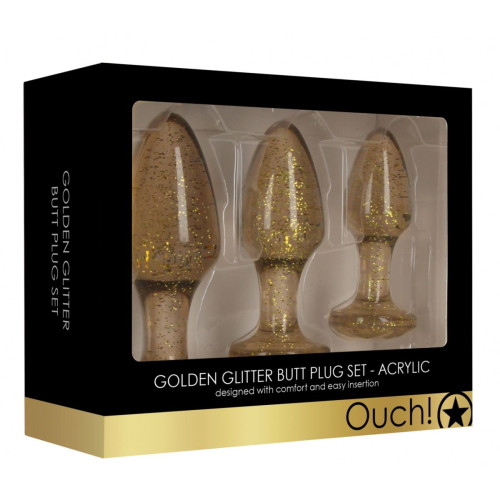 Набор из 3 золотистых анальных пробок Acrylic Goldchip Butt Plug Set (золотистый)