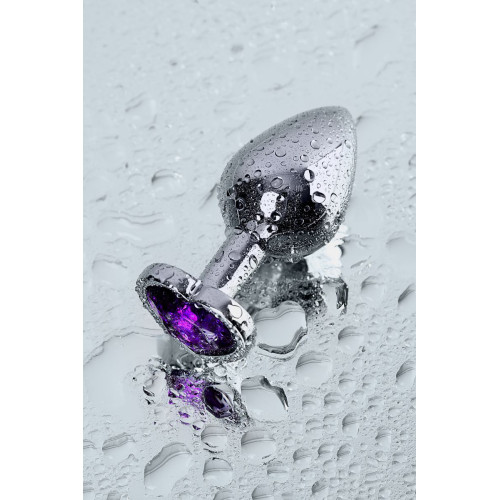 Серебристая коническая анальная пробка с фиолетовым кристаллом - 7 см. (фиолетовый)