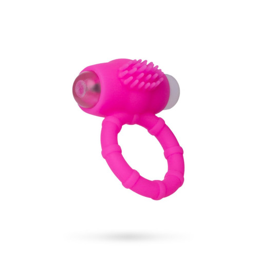 Розовое рельефное эрекционное виброкольцо на пенис (розовый)