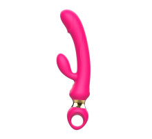 Розовый вибратор-кролик с ручкой-кольцом - 24,6 см. (розовый)