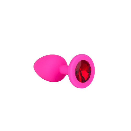 Розовая силиконовая анальная втулка с красным кристаллом - 7,3 см. (красный)