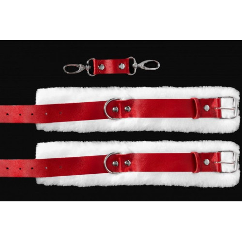 Бело-красные наручники из натуральной кожи с нежным мехом (белый с красным)