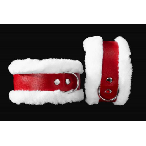 Бело-красные наручники из натуральной кожи с нежным мехом (белый с красным)