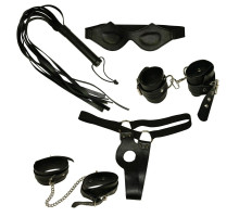Набор фиксаций: наручники, наножники, плетка, маска и фиксация на женские половые органы (черный)