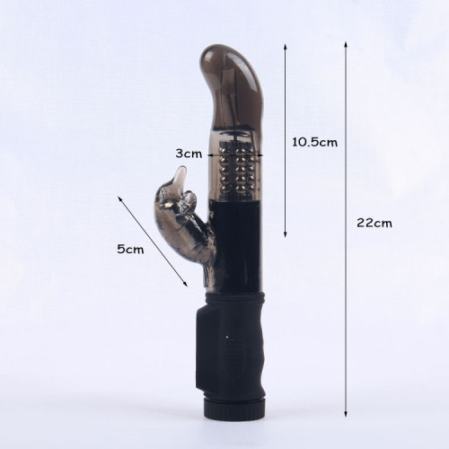 Дымчатый вибратор с изогнутой головкой, ротацией и клиторальным отростком - 22 см. (дымчатый)