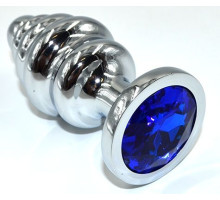 Серебристая анальная пробка из нержавеющей стали с синим кристаллом - 8,8 см. (синий)