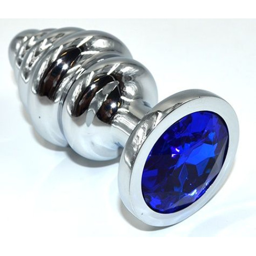 Серебристая анальная пробка из нержавеющей стали с синим кристаллом - 8,8 см. (синий)