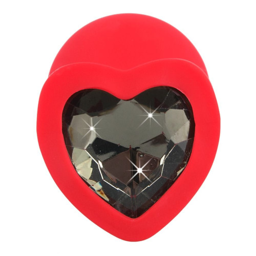 Красная силиконовая анальная пробка с черным стразом-сердечком - 7,9 см. (красный с черным)