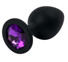 Черная силиконовая анальная пробка с фиолетовым стразом - 8,2 см. (фиолетовый)