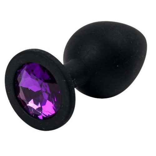 Черная силиконовая анальная пробка с фиолетовым стразом - 8,2 см. (фиолетовый)